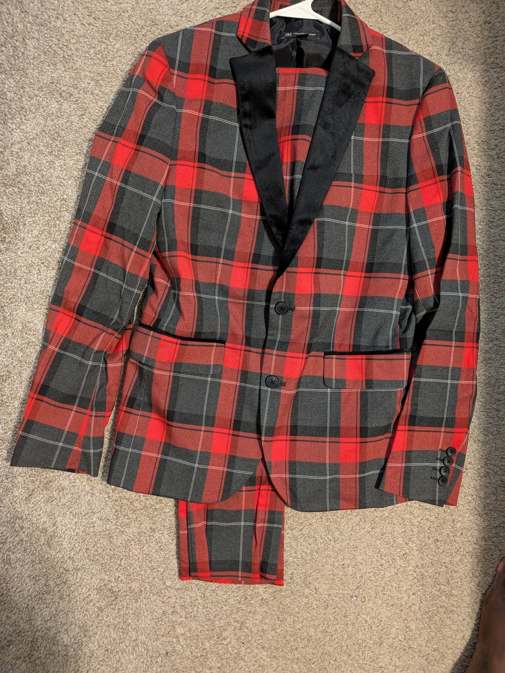 Plaid Red and Black Men's Blazer with Satin Lapel & Pants Suit